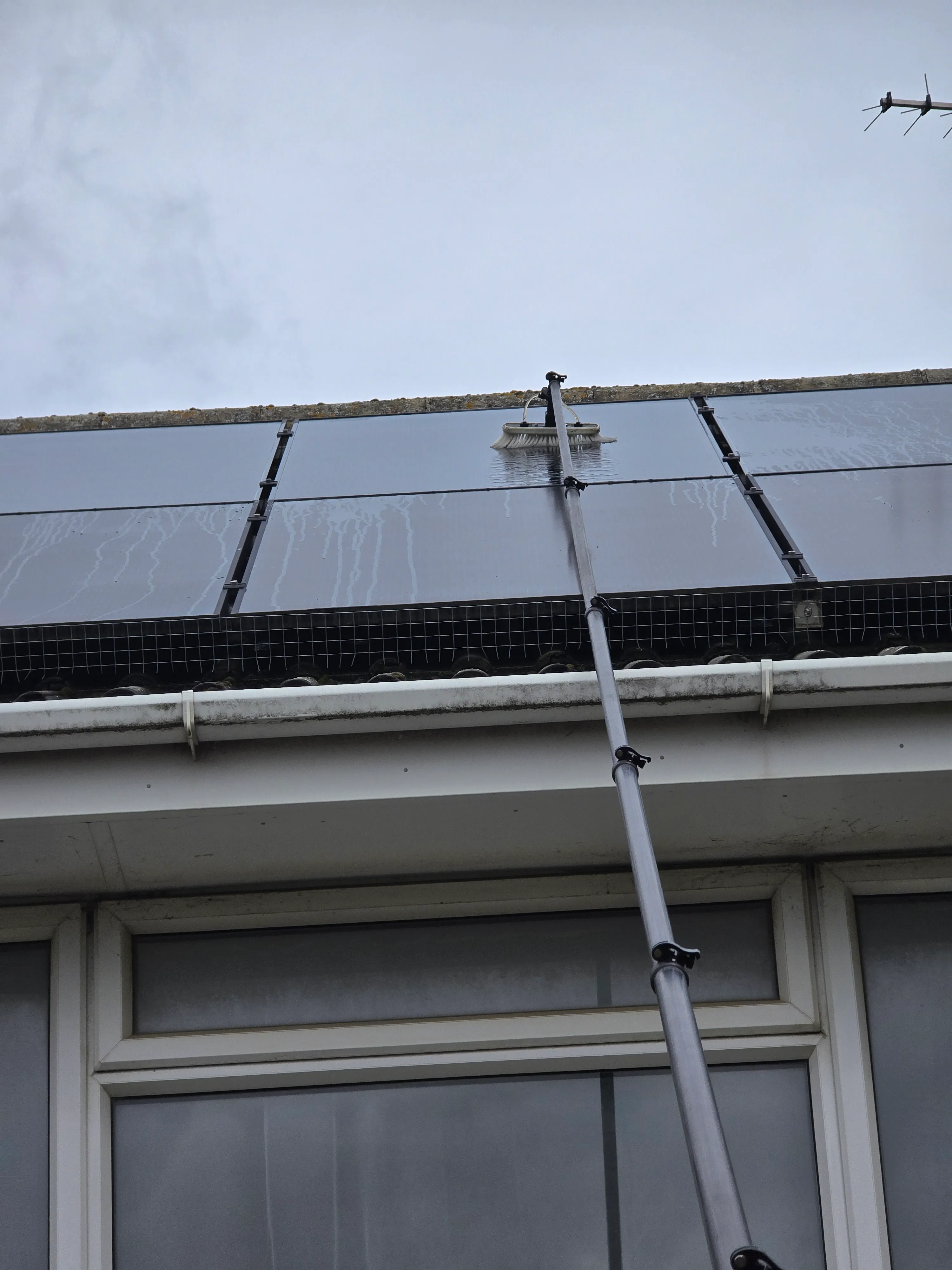 Solar panels on a house roof being washed with a soft brush on a water-fed pole, with water running down the panels.